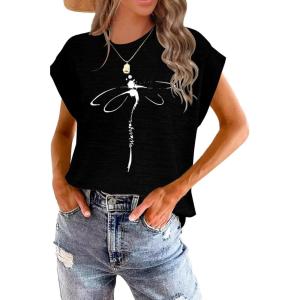 imageWomens Summer Tops Spring Outfits 2025 Fashion Casual Dressy T Shirts Cap Sleeve Workout Clothes Going Out Trendy VacationPrint Black