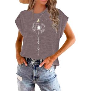 imageWomens Summer Tops Spring Outfits 2025 Fashion Casual Dressy T Shirts Cap Sleeve Workout Clothes Going Out Trendy VacationPrint Brown