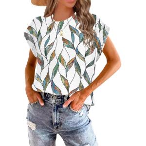 imageWomens Summer Tops Spring Outfits 2025 Fashion Casual Dressy T Shirts Cap Sleeve Workout Clothes Going Out Trendy VacationPrint Leaf