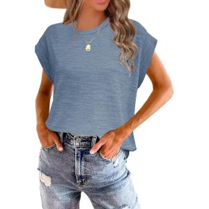 imageWomens Summer Tops Spring Outfits 2025 Fashion Casual Dressy T Shirts Cap Sleeve Workout Clothes Going Out Trendy VacationPure Blue