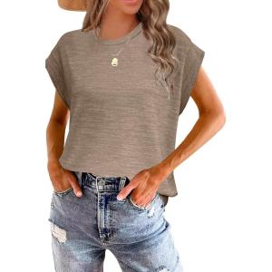 imageWomens Summer Tops Spring Outfits 2025 Fashion Casual Dressy T Shirts Cap Sleeve Workout Clothes Going Out Trendy VacationPure Khaki