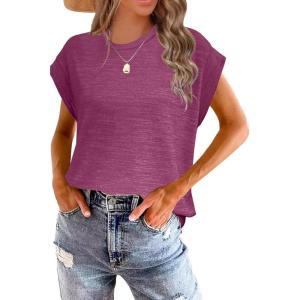 imageWomens Summer Tops Spring Outfits 2025 Fashion Casual Dressy T Shirts Cap Sleeve Workout Clothes Going Out Trendy VacationPure Purple