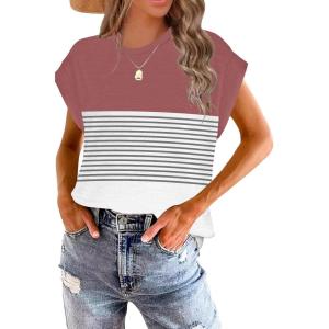 imageWomens Summer Tops Spring Outfits 2025 Fashion Casual Dressy T Shirts Cap Sleeve Workout Clothes Going Out Trendy VacationStriped Red