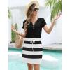 imageWomens Summer Casual Dresses Short Sleeve Striped Dress Boho Beach Vacation Tie Drawstring Waist Sun Dresses with PocketsStriped White