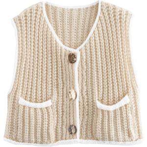 imageDisamer Sleeveless Sweater Vest for Women Crochet Knit Button Down Crop Cardigan Sleeveless Tank Tops with PocketsColor Apricot