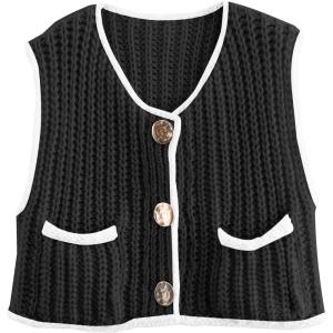 imageDisamer Sleeveless Sweater Vest for Women Crochet Knit Button Down Crop Cardigan Sleeveless Tank Tops with PocketsColor Black