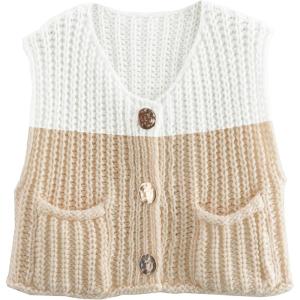 imageDisamer Sleeveless Sweater Vest for Women Crochet Knit Button Down Crop Cardigan Sleeveless Tank Tops with PocketsDouble Apricot