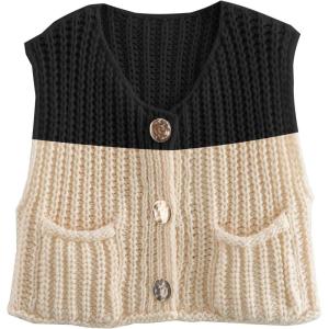 imageDisamer Sleeveless Sweater Vest for Women Crochet Knit Button Down Crop Cardigan Sleeveless Tank Tops with PocketsDouble Black