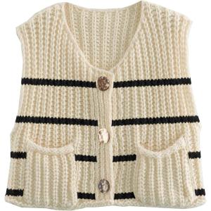 imageDisamer Sleeveless Sweater Vest for Women Crochet Knit Button Down Crop Cardigan Sleeveless Tank Tops with PocketsStripe Apricot