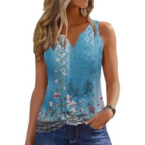 imageDisamer Tank Tops for Women 2025 Summer Casual Button Down Shirts Loose Fit V Neck Sleeveless Tshirt BlouseFlower Wallpaper Blue