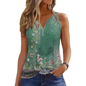 imageDisamer Tank Tops for Women 2025 Summer Casual Button Down Shirts Loose Fit V Neck Sleeveless Tshirt BlouseFlower Wallpaper Green