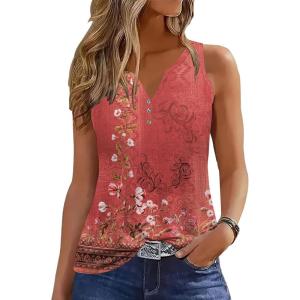 imageDisamer Tank Tops for Women 2025 Summer Casual Button Down Shirts Loose Fit V Neck Sleeveless Tshirt BlouseFlower Wallpaper Red