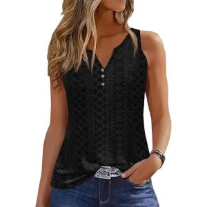 imageDisamer Tank Tops for Women 2025 Summer Casual Button Down Shirts Loose Fit V Neck Sleeveless Tshirt BlouseLace Black
