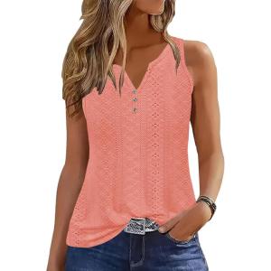 imageDisamer Tank Tops for Women 2025 Summer Casual Button Down Shirts Loose Fit V Neck Sleeveless Tshirt BlouseLace Orange