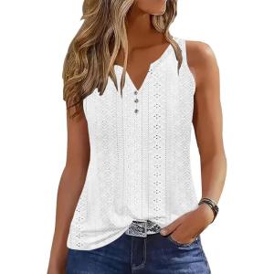 imageDisamer Tank Tops for Women 2025 Summer Casual Button Down Shirts Loose Fit V Neck Sleeveless Tshirt BlouseLace White