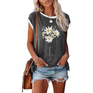 imageDisamer Womens Cap Sleeve Tank Tops 2025 Sleeveless T Shirts Loose Fit Cute Graphic Tees Funny Short Sleeve BlousesPrint Daisy