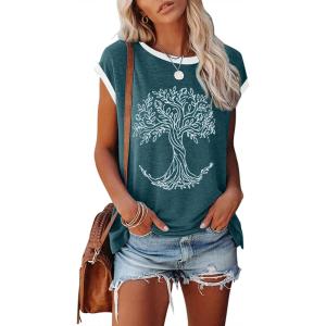 imageDisamer Womens Cap Sleeve Tank Tops 2025 Sleeveless T Shirts Loose Fit Cute Graphic Tees Funny Short Sleeve BlousesPrint Leaf