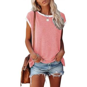 imageDisamer Womens Cap Sleeve Tank Tops 2025 Sleeveless T Shirts Loose Fit Cute Graphic Tees Funny Short Sleeve BlousesPure Pink