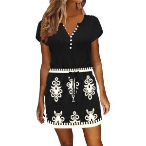 imageWomens Summer Casual Dresses Short Sleeve Striped Dress Boho Beach Vacation Tie Drawstring Waist Sun Dresses with PocketsFloral Yellow