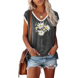 imageDisamer Womens Summer Tank Top 2025 Casual Loose Fit Basic Tees Cap Sleeve Shirts Short Sleeve Loose BlousesPrint Daisy