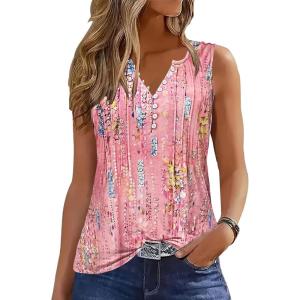 imageTank Tops for Women 2025 Summer Top Pleated Shirts Dressy Casual Loose Fit VNeck Button Down Sleeveless Tshirt BlouseDewdrop Pink