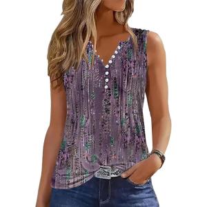 imageTank Tops for Women 2025 Summer Top Pleated Shirts Dressy Casual Loose Fit VNeck Button Down Sleeveless Tshirt BlouseDewdrop Purple