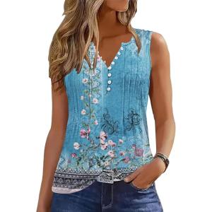 imageTank Tops for Women 2025 Summer Top Pleated Shirts Dressy Casual Loose Fit VNeck Button Down Sleeveless Tshirt BlouseFloral Blue