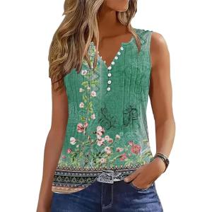 imageTank Tops for Women 2025 Summer Top Pleated Shirts Dressy Casual Loose Fit VNeck Button Down Sleeveless Tshirt BlouseFloral Green