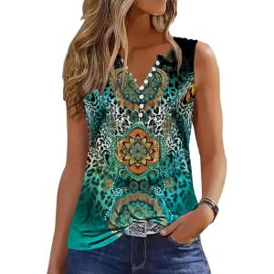 imageTank Tops for Women 2025 Summer Top Pleated Shirts Dressy Casual Loose Fit VNeck Button Down Sleeveless Tshirt BlouseFloral Leopard