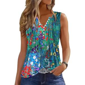imageTank Tops for Women 2025 Summer Top Pleated Shirts Dressy Casual Loose Fit VNeck Button Down Sleeveless Tshirt BlouseFloral Oil