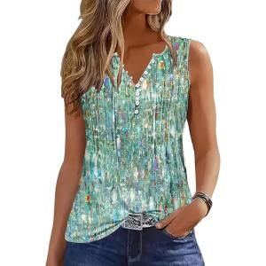 imageTank Tops for Women 2025 Summer Top Pleated Shirts Dressy Casual Loose Fit VNeck Button Down Sleeveless Tshirt BlouseFloral Sparkling