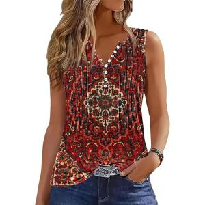 imageTank Tops for Women 2025 Summer Top Pleated Shirts Dressy Casual Loose Fit VNeck Button Down Sleeveless Tshirt BlousePlaid Red