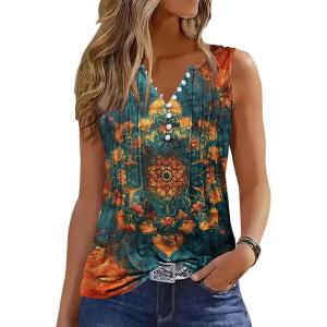 imageTank Tops for Women 2025 Summer Top Pleated Shirts Dressy Casual Loose Fit VNeck Button Down Sleeveless Tshirt BlousePlaid Yellow