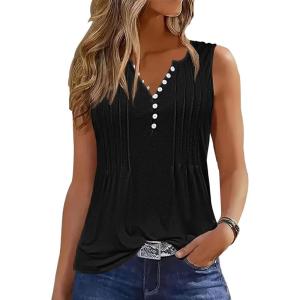 imageTank Tops for Women 2025 Summer Top Pleated Shirts Dressy Casual Loose Fit VNeck Button Down Sleeveless Tshirt BlousePure Black