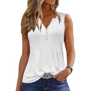 imageTank Tops for Women 2025 Summer Top Pleated Shirts Dressy Casual Loose Fit VNeck Button Down Sleeveless Tshirt BlousePure White