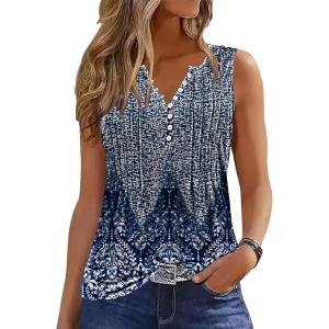 imageTank Tops for Women 2025 Summer Top Pleated Shirts Dressy Casual Loose Fit VNeck Button Down Sleeveless Tshirt BlouseStriped Blue
