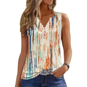 imageTank Tops for Women 2025 Summer Top Pleated Shirts Dressy Casual Loose Fit VNeck Button Down Sleeveless Tshirt BlouseStriped Color