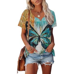 imageDisamer Summer Tops for Women 2025 Trendy Boho Floral Tank House Short Sleeve Shirts Loose Fit Casual Dressy Basic TeeFlower Butterfly