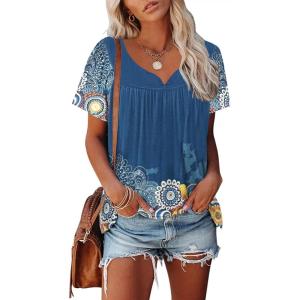 imageDisamer Summer Tops for Women 2025 Trendy Boho Floral Tank House Short Sleeve Shirts Loose Fit Casual Dressy Basic TeeFlower Feather Blue