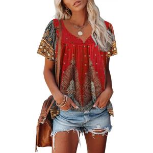 imageDisamer Summer Tops for Women 2025 Trendy Boho Floral Tank House Short Sleeve Shirts Loose Fit Casual Dressy Basic TeeFlower Feather Red