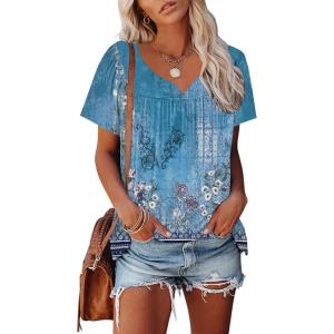 imageDisamer Summer Tops for Women 2025 Trendy Boho Floral Tank House Short Sleeve Shirts Loose Fit Casual Dressy Basic TeeFlower Wallpaper Blue