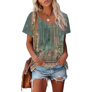 imageDisamer Summer Tops for Women 2025 Trendy Boho Floral Tank House Short Sleeve Shirts Loose Fit Casual Dressy Basic TeeFlower Wallpaper Green