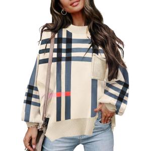 imageDisamer Womens Fall Sweaters 2025 Long Sleeve Crew Neck Knitted Tops Casual Striped Oversized PulloverPlaid KhakiSmall