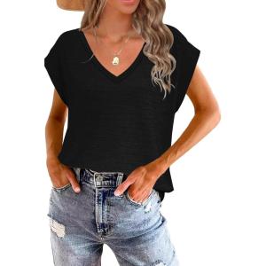 imageDisamer Summer Cap Sleeve Tank Tops for Women Trendy 2025 Loose Fit Basic Solid Color V Neck Short Sleeve ShirtsA Pure Black