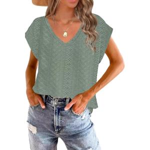 imageDisamer Summer Cap Sleeve Tank Tops for Women Trendy 2025 Loose Fit Basic Solid Color V Neck Short Sleeve ShirtsB Lace Green