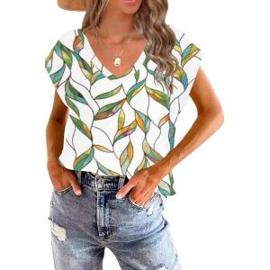 imageDisamer Summer Cap Sleeve Tank Tops for Women Trendy 2025 Loose Fit Basic Solid Color V Neck Short Sleeve ShirtsFlower Leaf