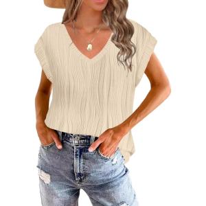imageDisamer Summer Cap Sleeve Tank Tops for Women Trendy 2025 Loose Fit Basic Solid Color V Neck Short Sleeve ShirtsLiu a Apricot