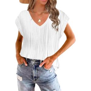 imageDisamer Summer Cap Sleeve Tank Tops for Women Trendy 2025 Loose Fit Basic Solid Color V Neck Short Sleeve ShirtsLiu a White