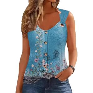 imageDisamer Tank Tops for Women 2025 Vacation Summer Spring Outfits Lace V Neck Button Down Loose Fit Sleeveless T ShirtsFloral Blue