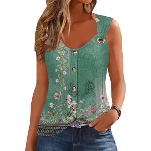 imageDisamer Tank Tops for Women 2025 Vacation Summer Spring Outfits Lace V Neck Button Down Loose Fit Sleeveless T ShirtsFloral Green